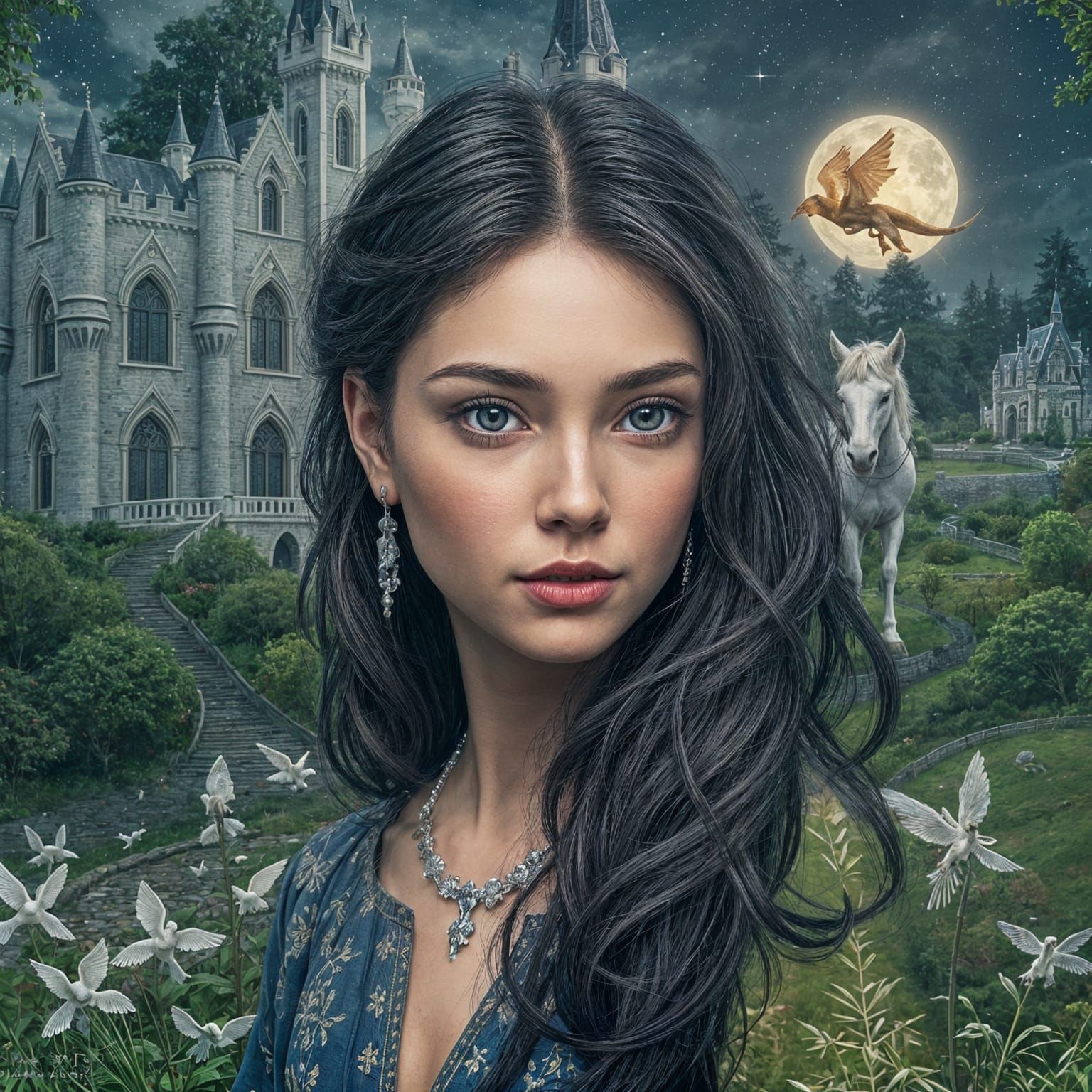 Fairytale Princess in Royal Splendor with Baby Dragon