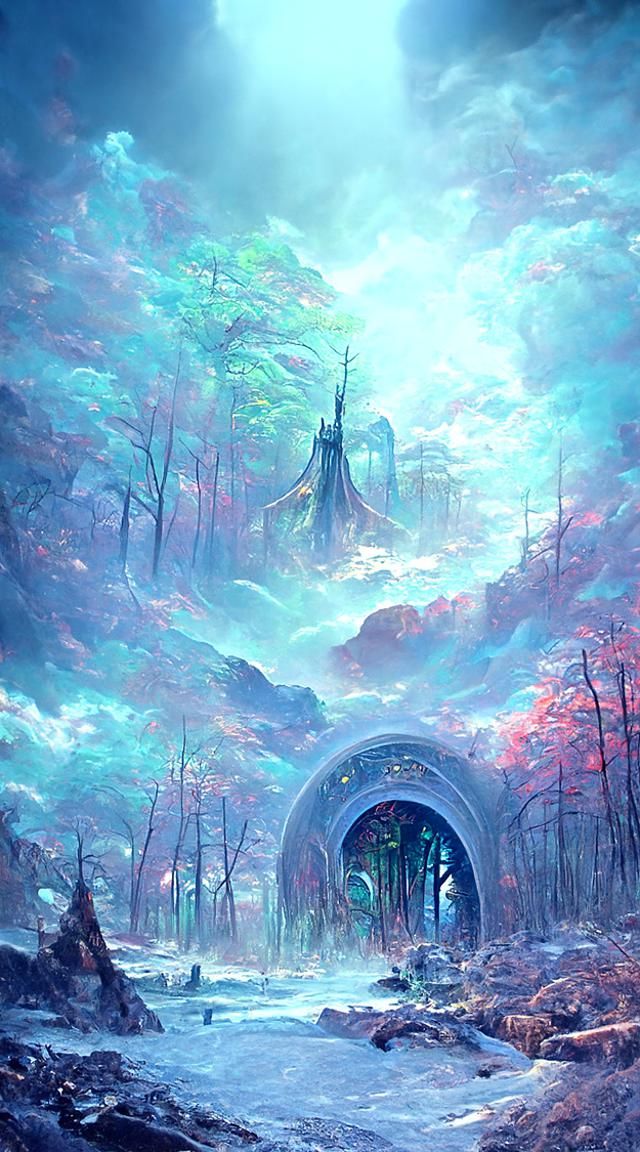 Eerie Forest Portal Art in Kinetic Pointillism Style