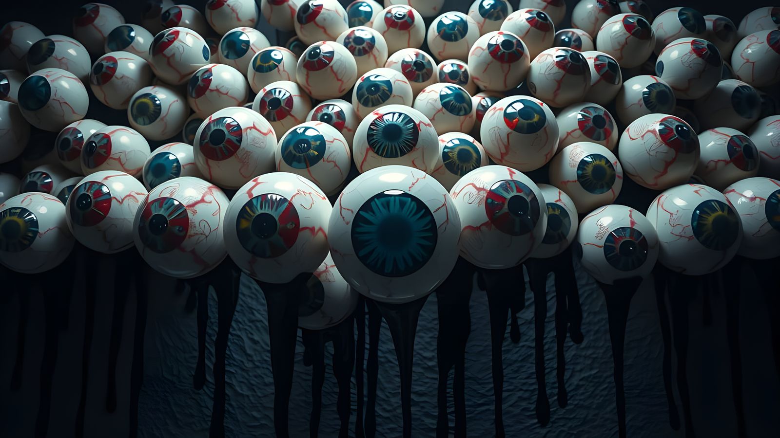 Surreal Hologram of Eyeballs in Neon-Lit Black Atmosphere