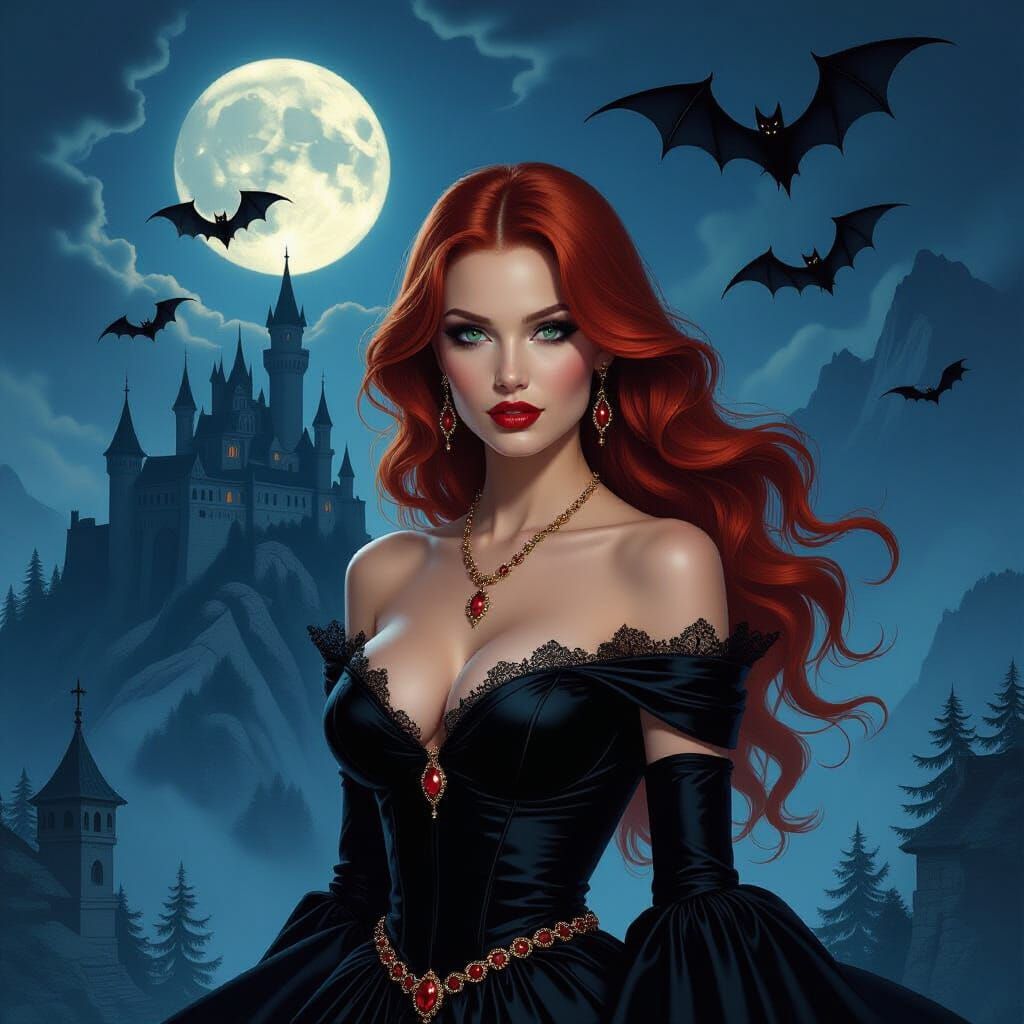 Gothic Vampire Woman with Red Hair and Castle