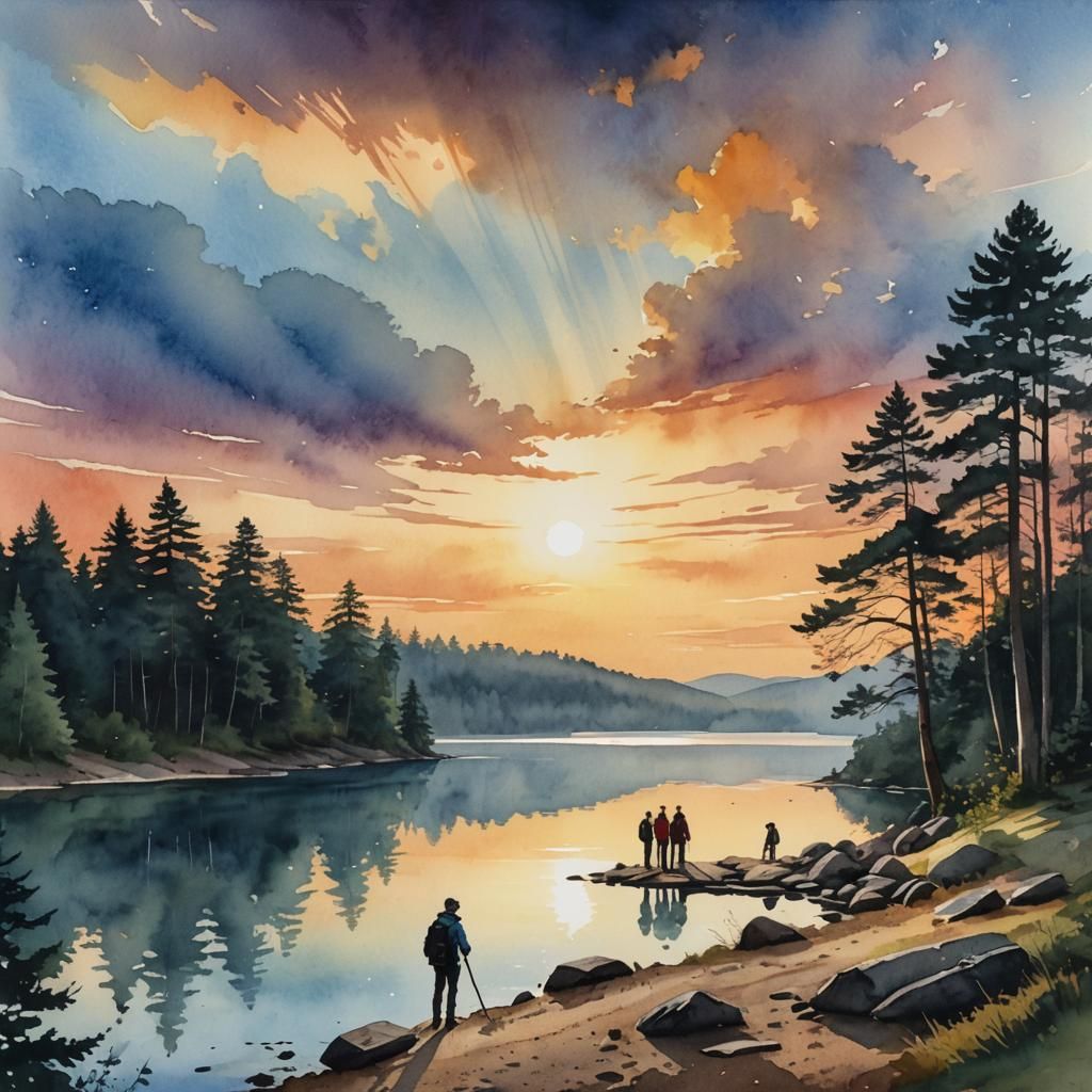 Walden Pond Sunrise Watercolor Illustration