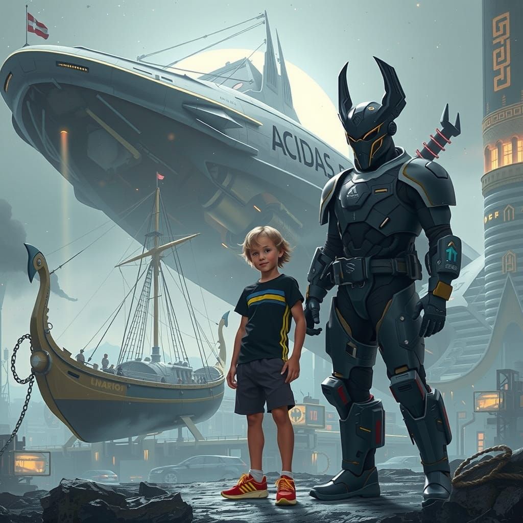 Cyberpunk Scene with Futuristic Car and Ancient Ship