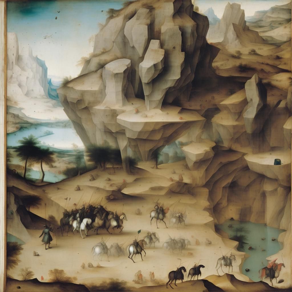 Chinese Figures in Desert Canyon: Bosch and Titian Style