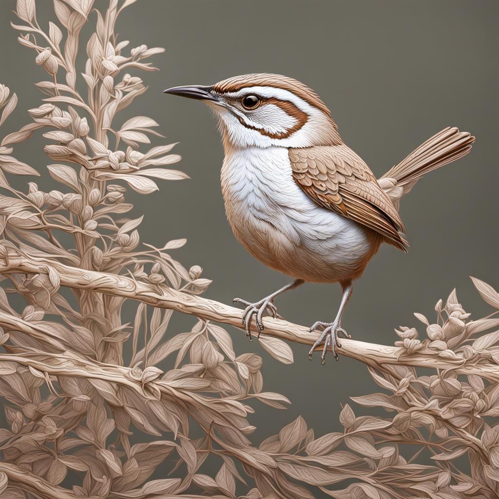 Detailed Carolina Wren Outline in Matte Painting Style