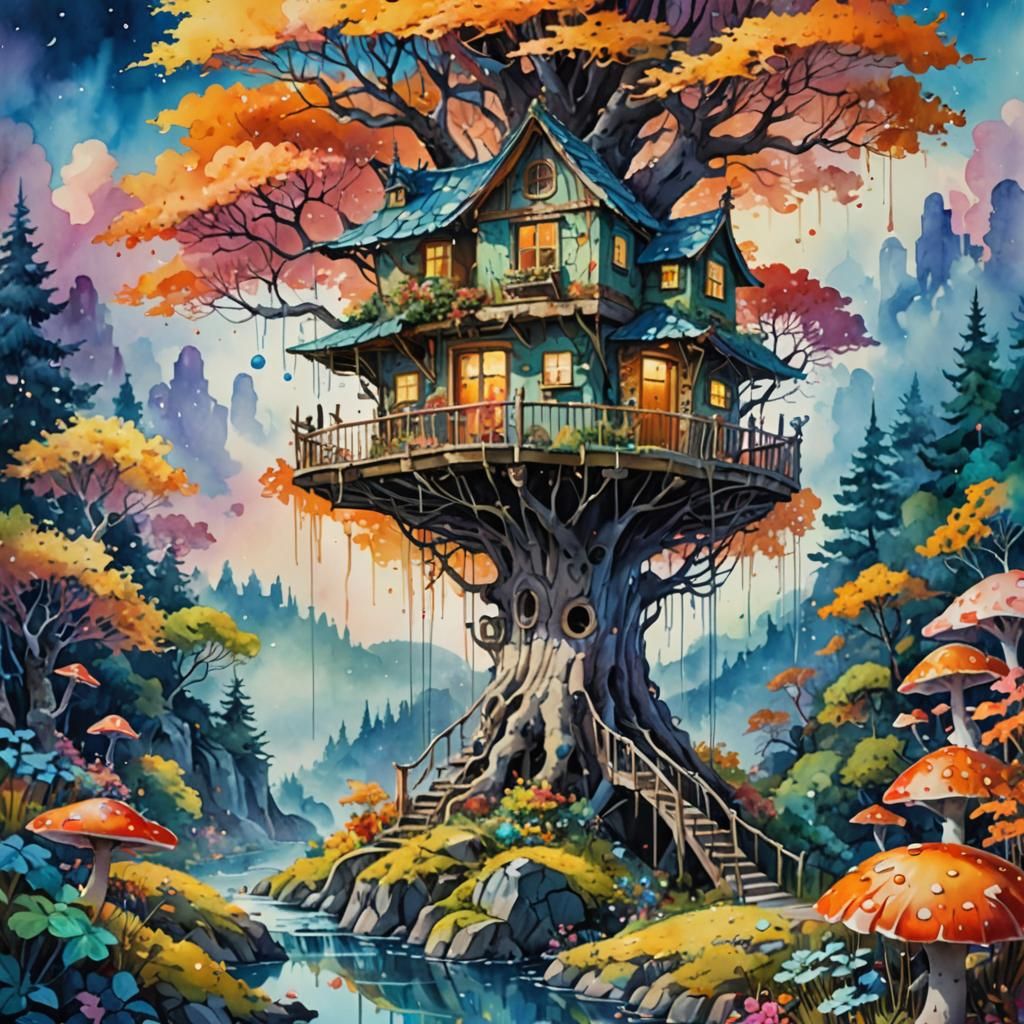 Dreamy Mushroom Treehouse in Autumnal Forest