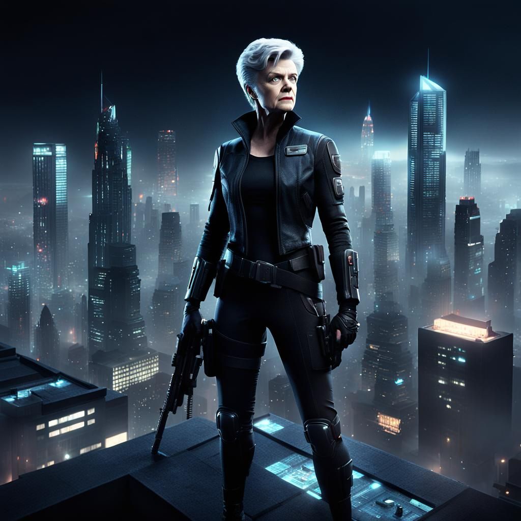 Angela Lansbury as Futuristic Assassin in Neon Cityscape