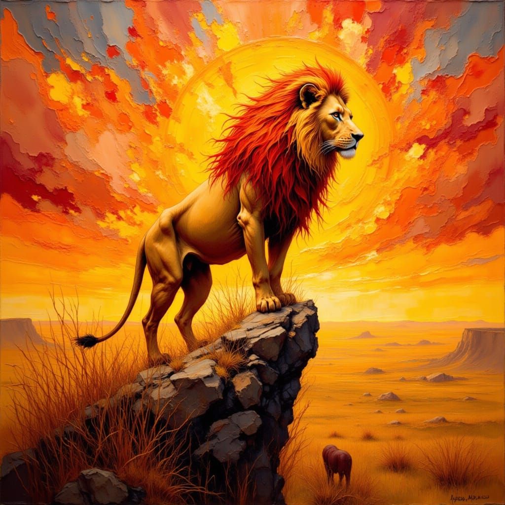 Majestic Lion Overlooking Savannah, Hyperrealistic Fantasy A...