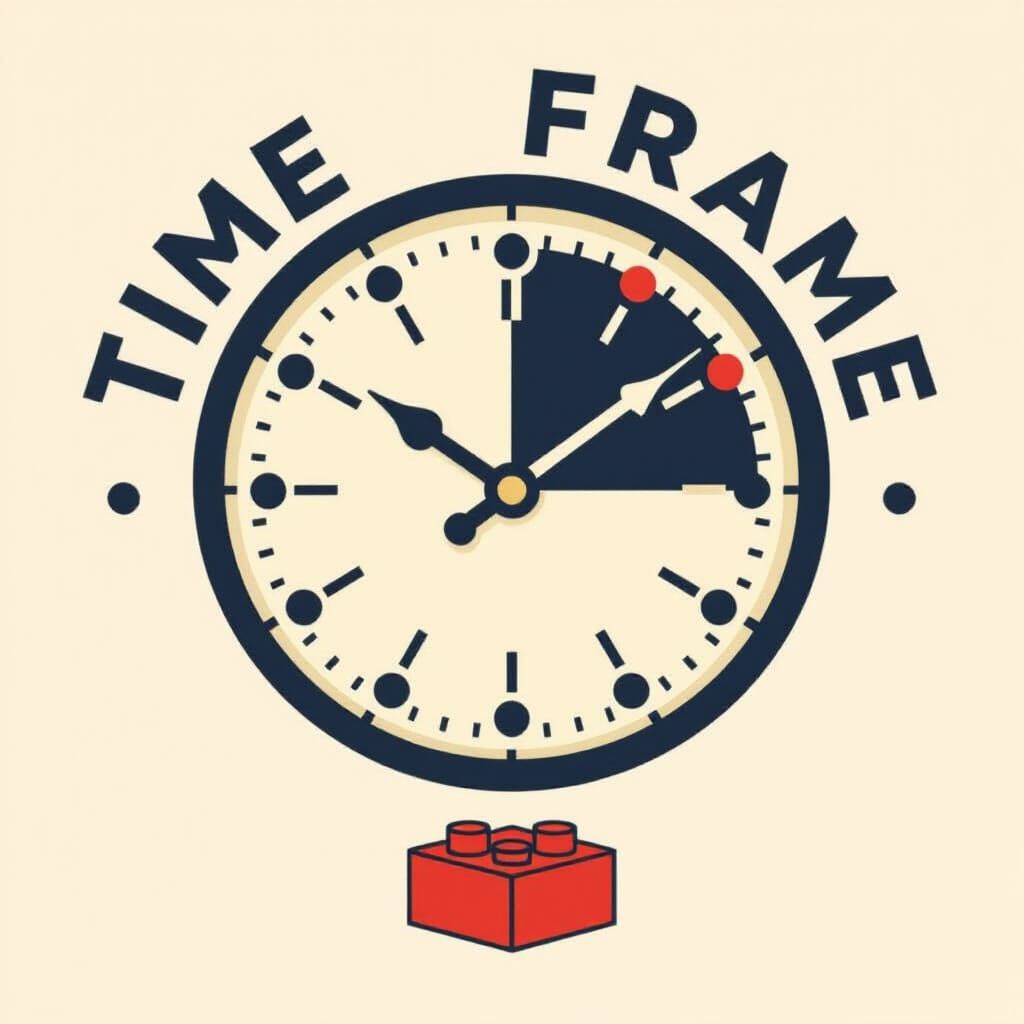 Minimalist Clock Logo with Dice Dots and LEGO Brick