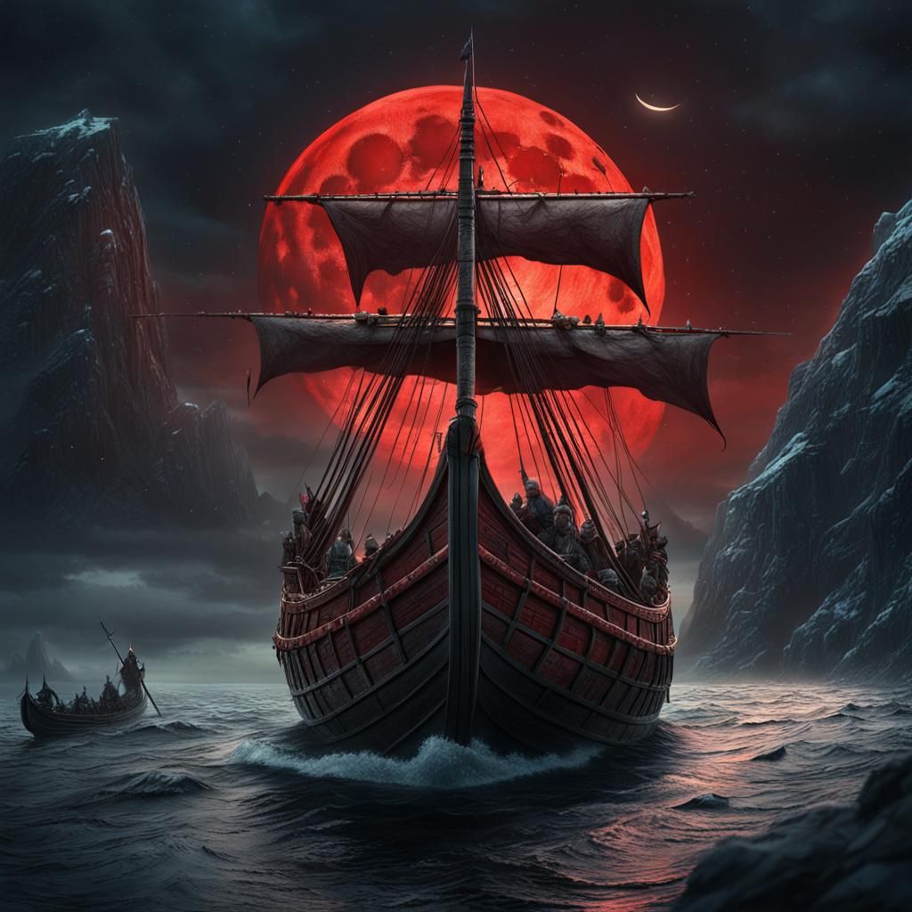 Viking Longboat Under Red Moon: Digital Matte Painting