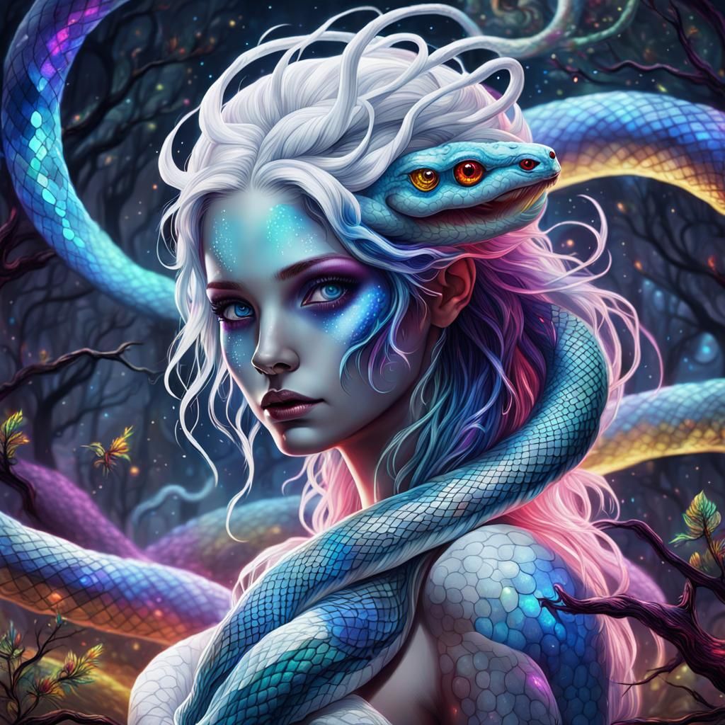 Cosmic Snake with Rainbow Hair, by Pablo Amaringo