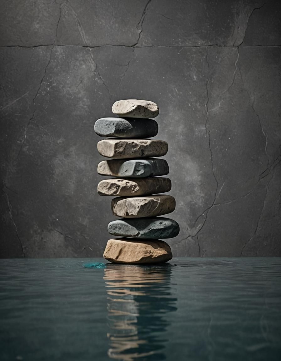 Balanced Stones on Diving Board: Photorealistic Close-Up