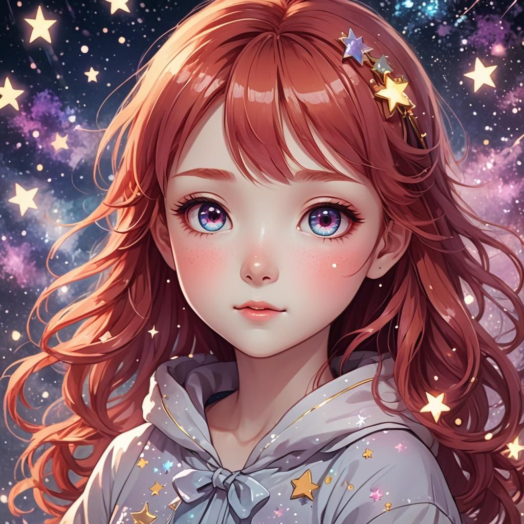 Chibi Anime Girl with Starry Eyes in Digital Art
