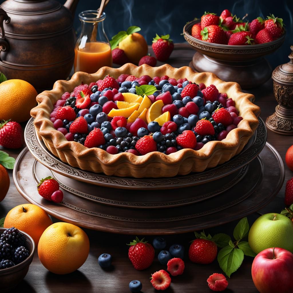 Colorful Fruit Pie in Detailed Matte Painting Style