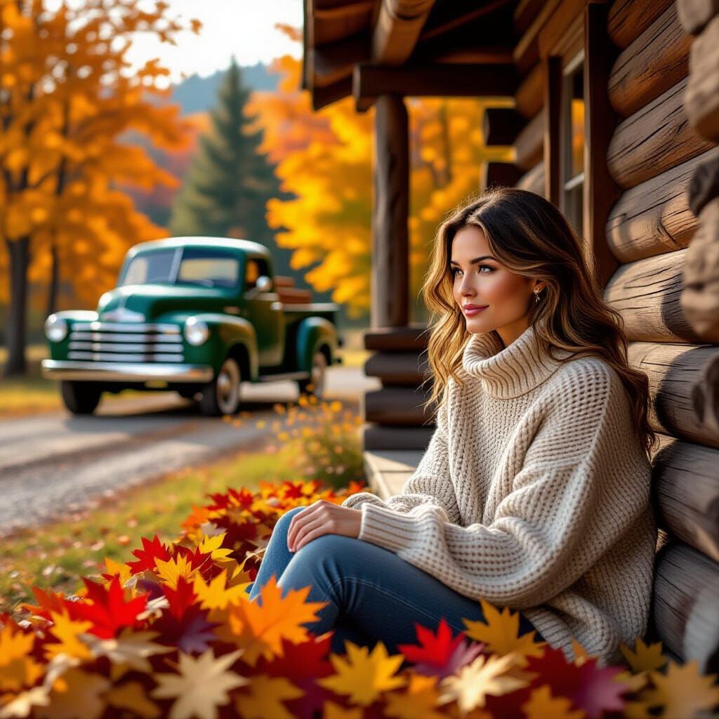 Woman on Cabin Porch Amidst Autumn Leaves
