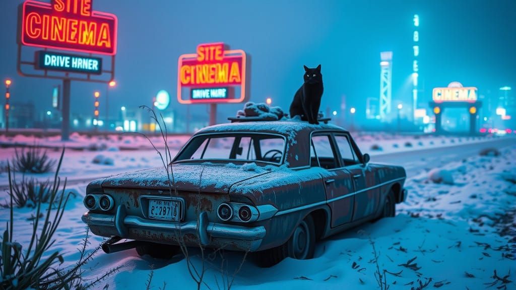 Cyberpunk Winter Landscape in Neon-Lit Ruins