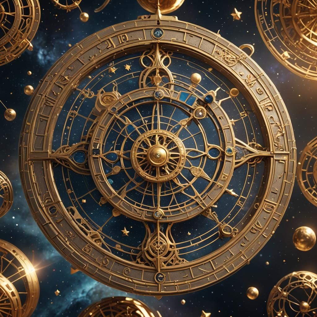 Golden Astrolabe in Starry Universe: Detailed Matte Painting