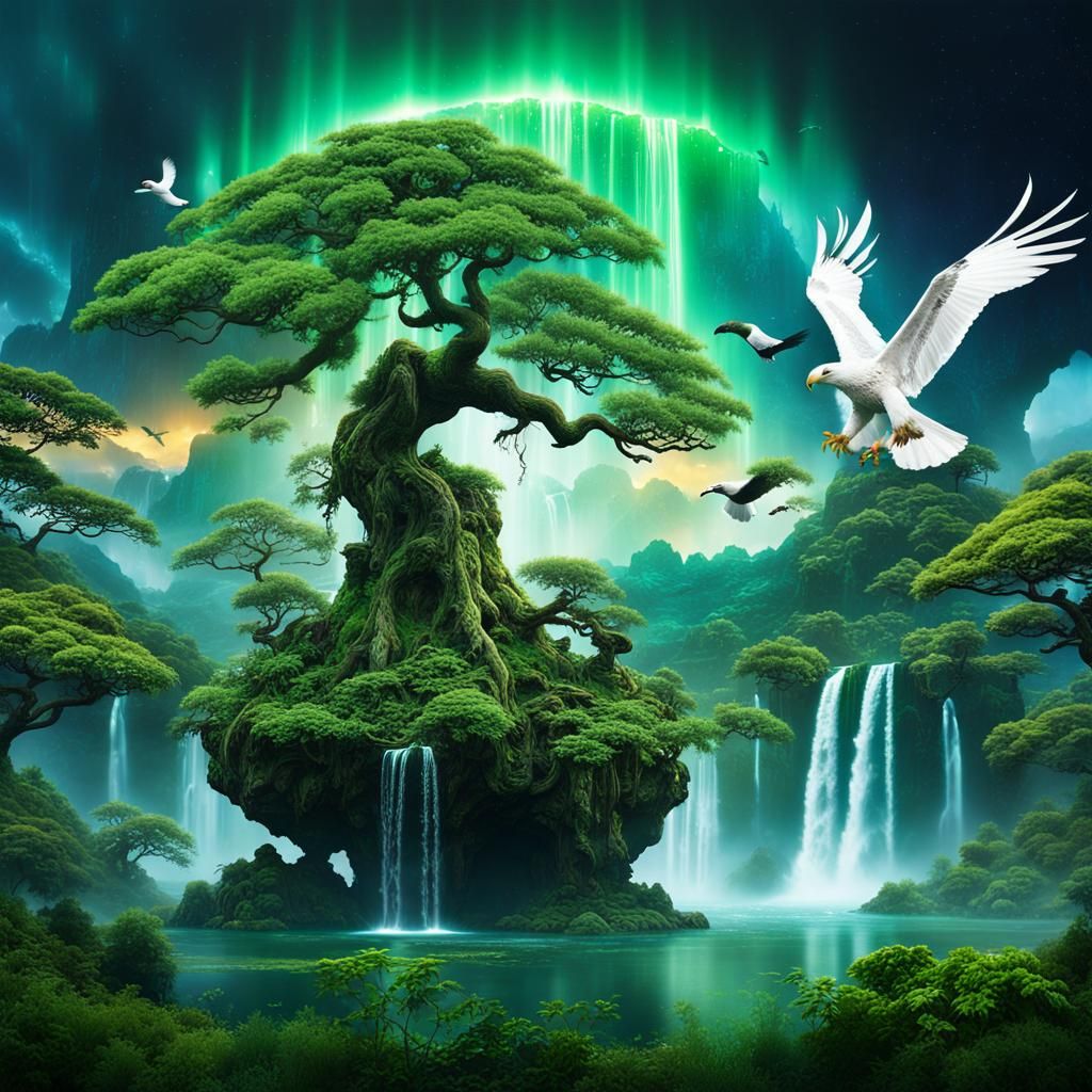 Lucky Green Gardens with Exotic Birds and Aurora