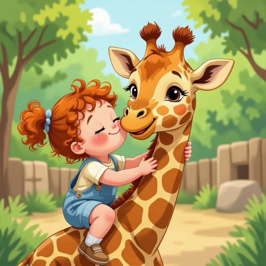 Red-Haired Toddler Kissing Giraffe, Colorful Children's Illu...