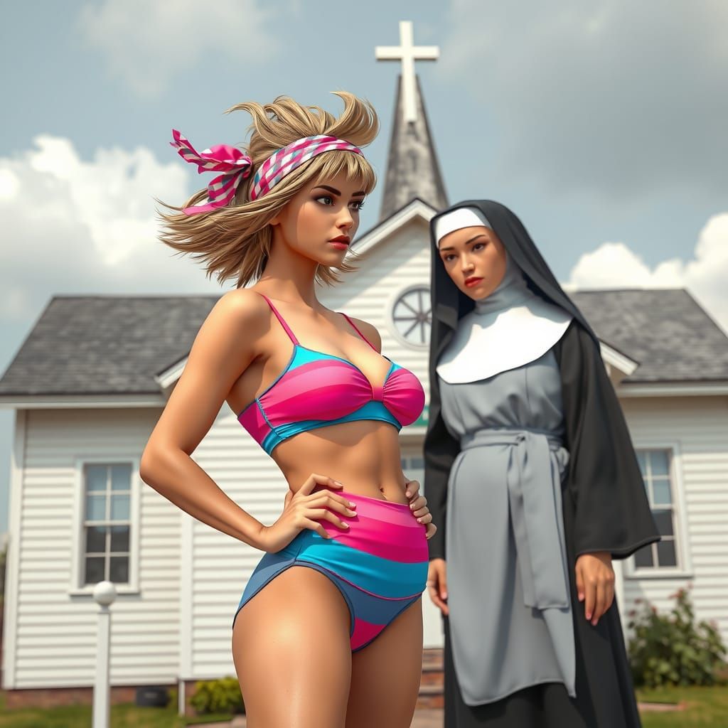 Confident Supermodel Confronts Traditional Nun in Neon 80s-I...