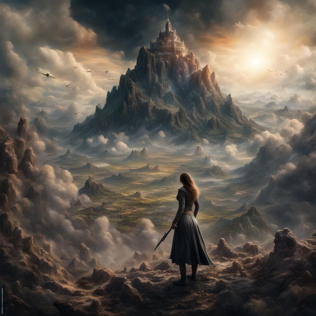 Woman Battles Army in Mountain Dreamscape