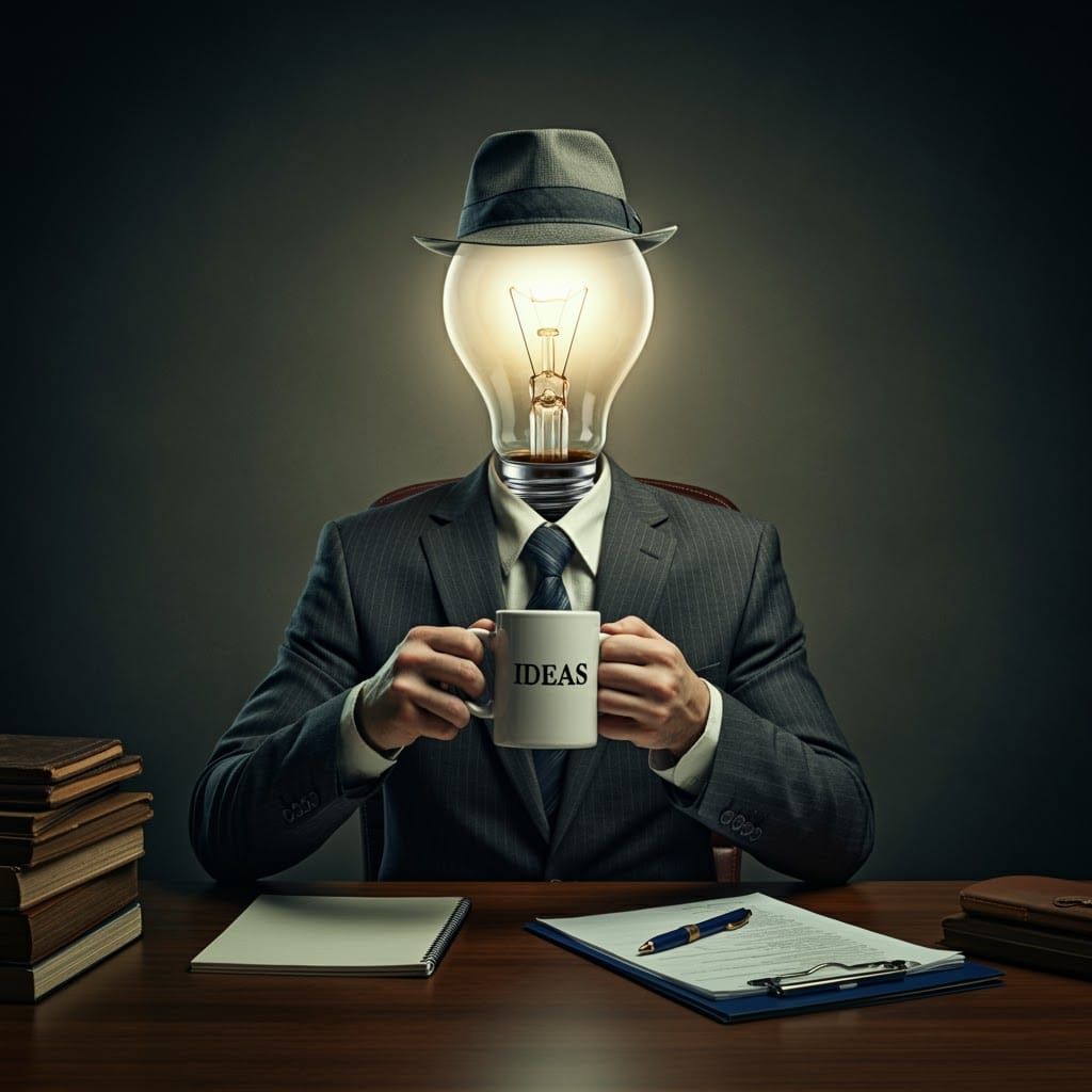 Man with Lightbulb Head at Office Desk