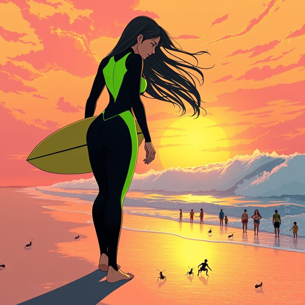 Giant Anime Surfer Goddess Walks Beach, Tiny People Gaze in ...