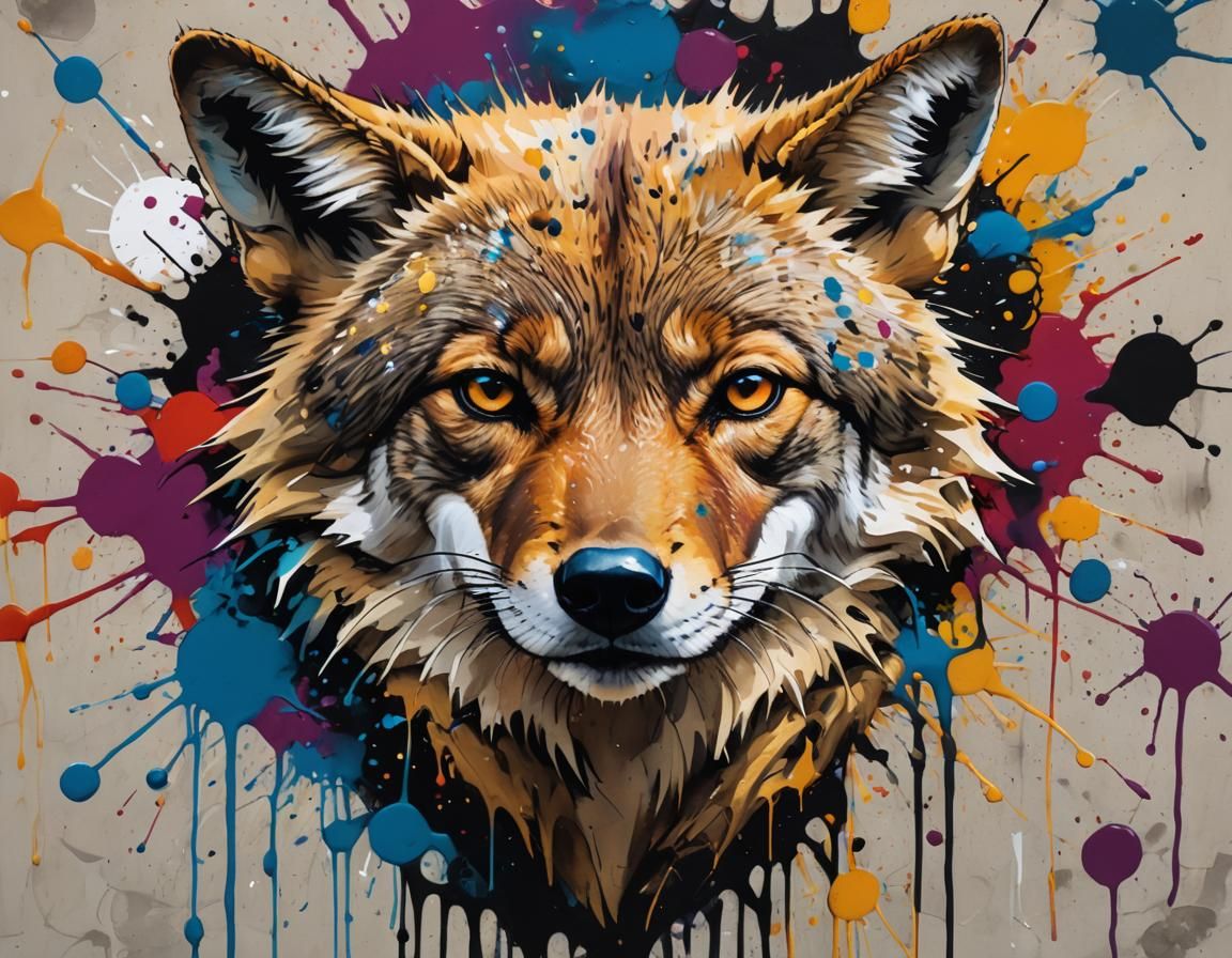 Coyote Street Art with Ink Splatters in Gouache Style