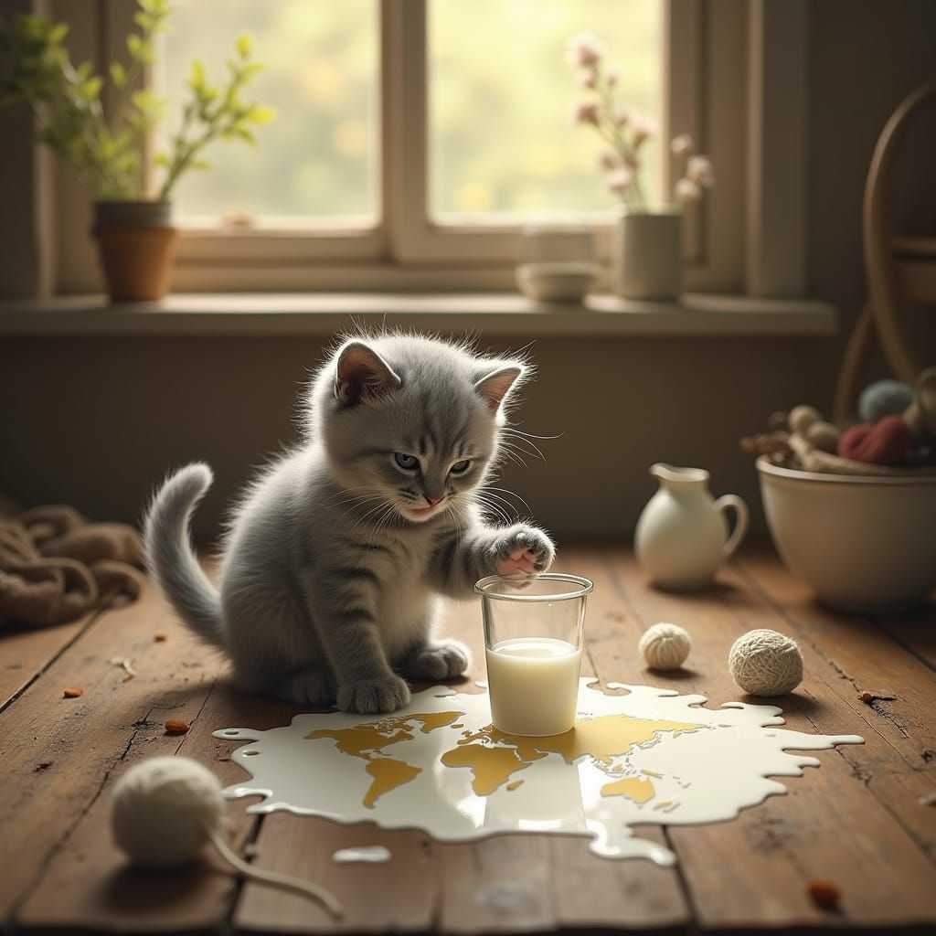 Whimsical Kitten Creates Miniature World Map with Milk