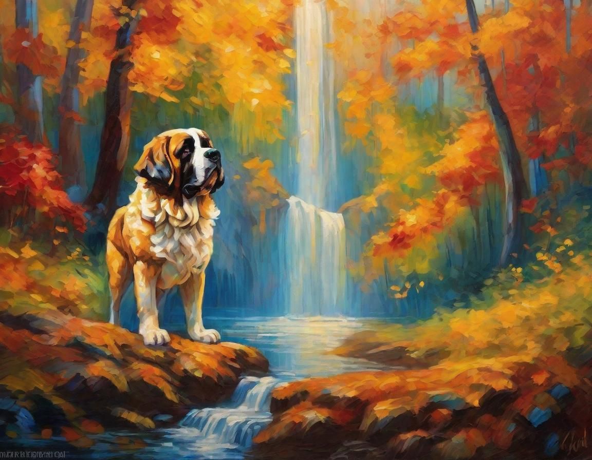 St. Bernard in Autumn Forest Waterfall: Impasto Oil Painting