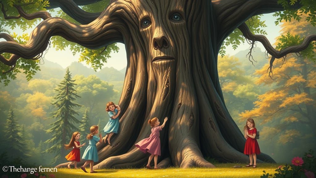 Majestic Tree in Mystical Forest, Fantasy Illustration