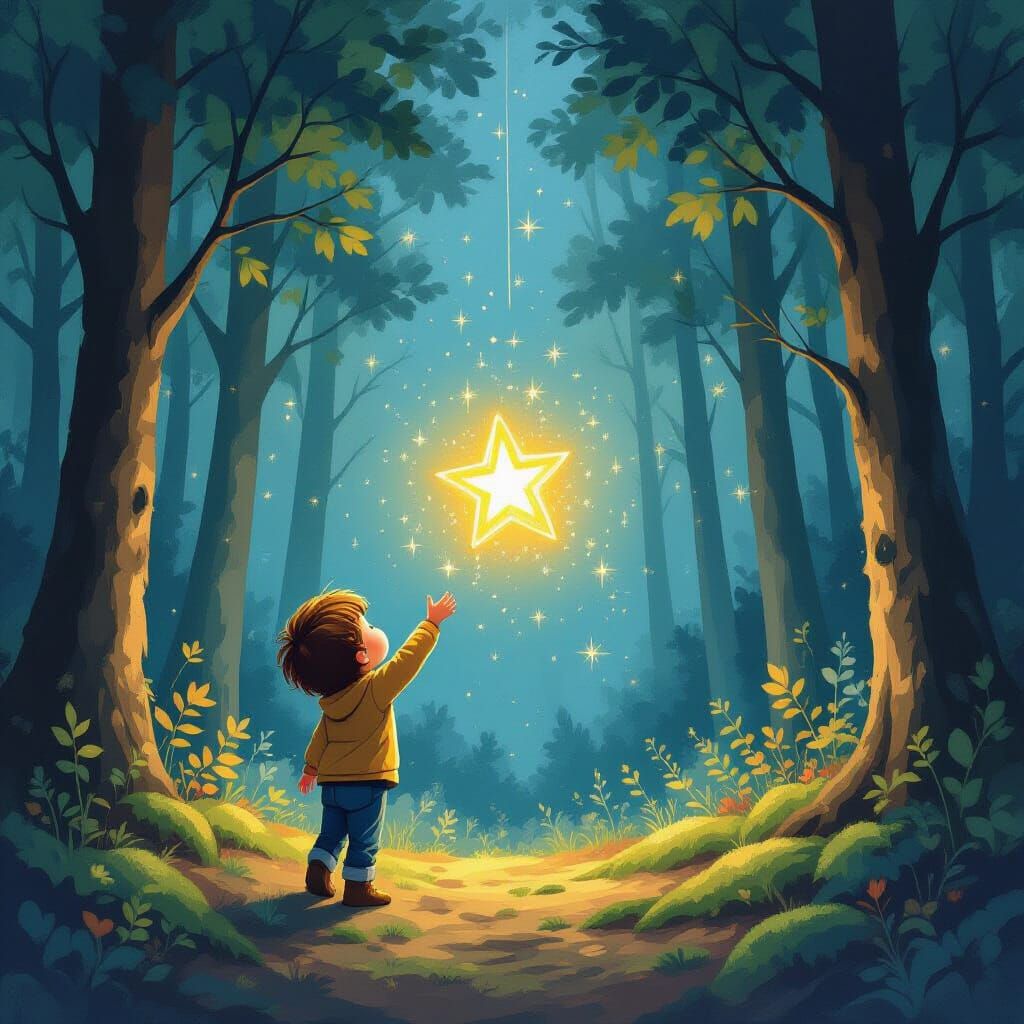 Child Reaches For Fallen Star in Enchanted Forest