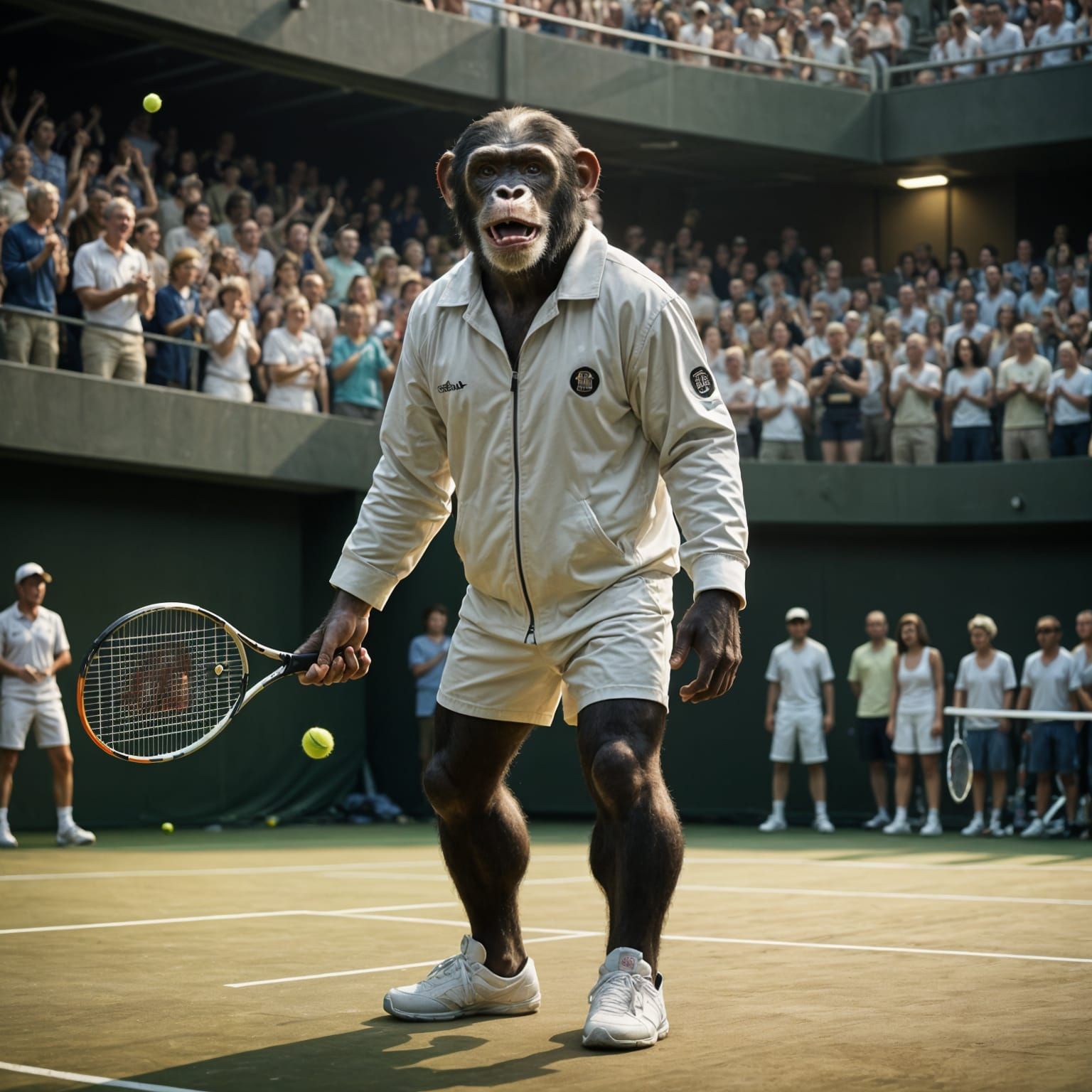 Chimpanzee Tennis Player at Wimbledon: Cinematic Film Still