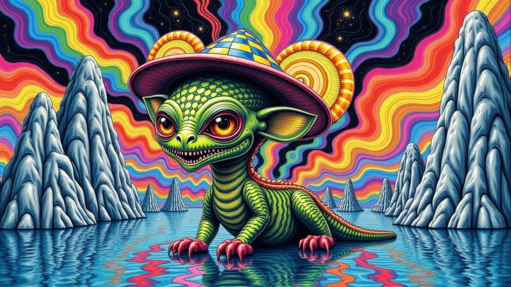 Checkerboard Dragon in Dreamlike Sci-Fi Landscape