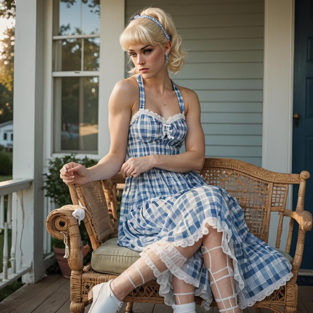 Bodybuilder Crossdressing on Porch in Surreal Portrait