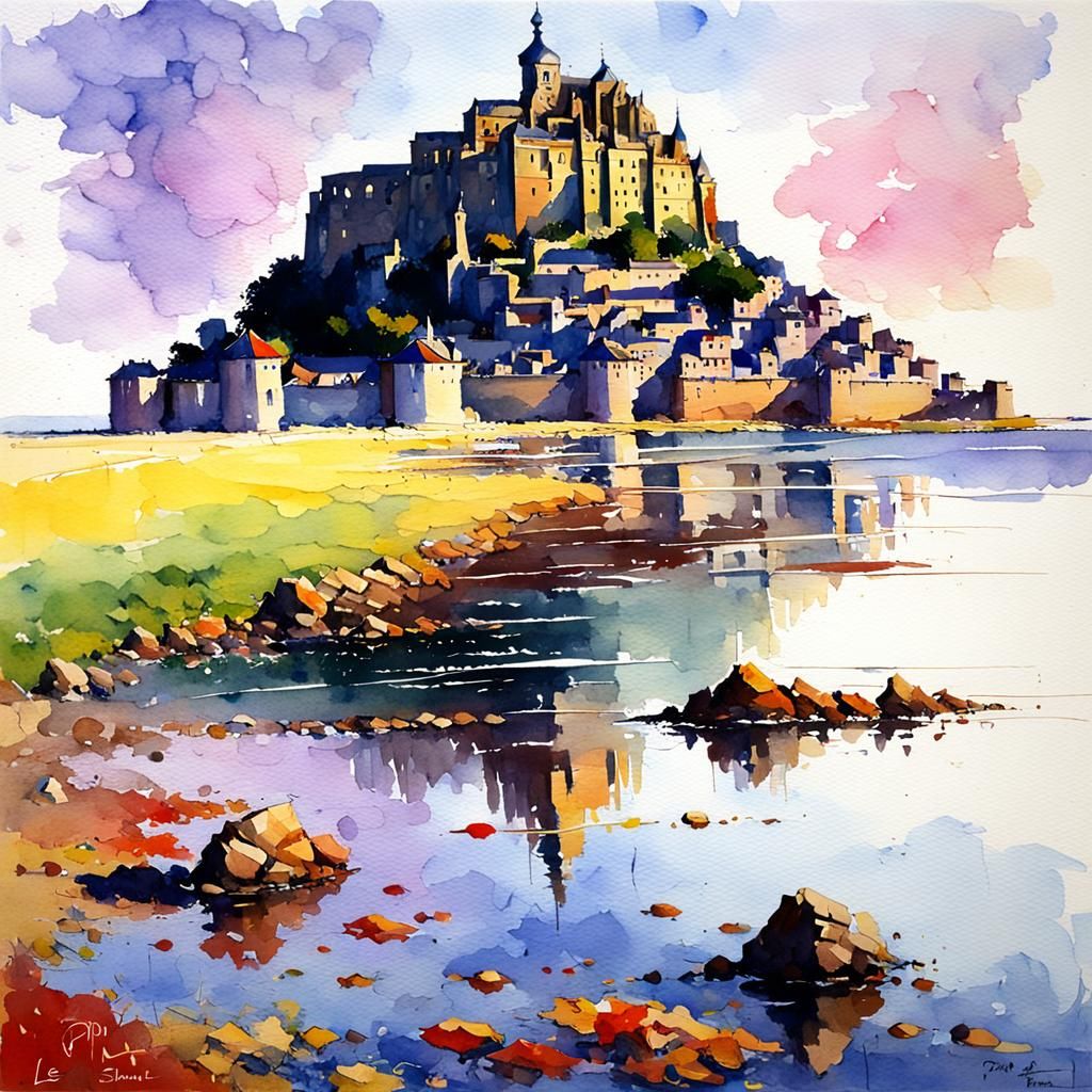 Mont Saint Michel: Watercolor in Warm Volumetric Light