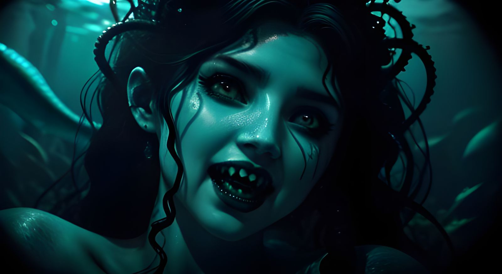 Underwater humanoid fish faces