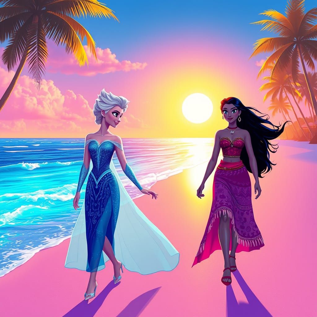 Elsa and Moana: Synthwave Beach Stroll