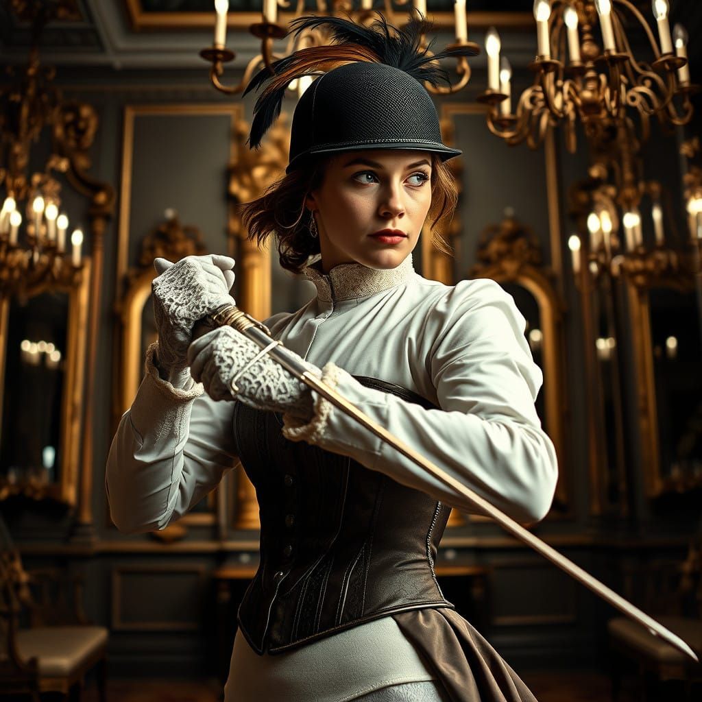 Elegant 18th Century Fencer Posed in Baroque Salon