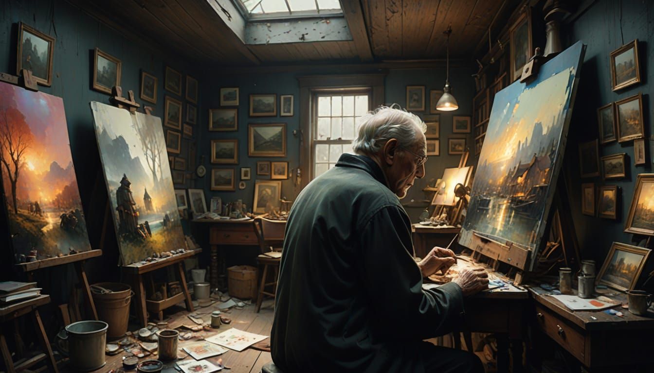 Elderly Artist Paints in Victorian Attic Studio