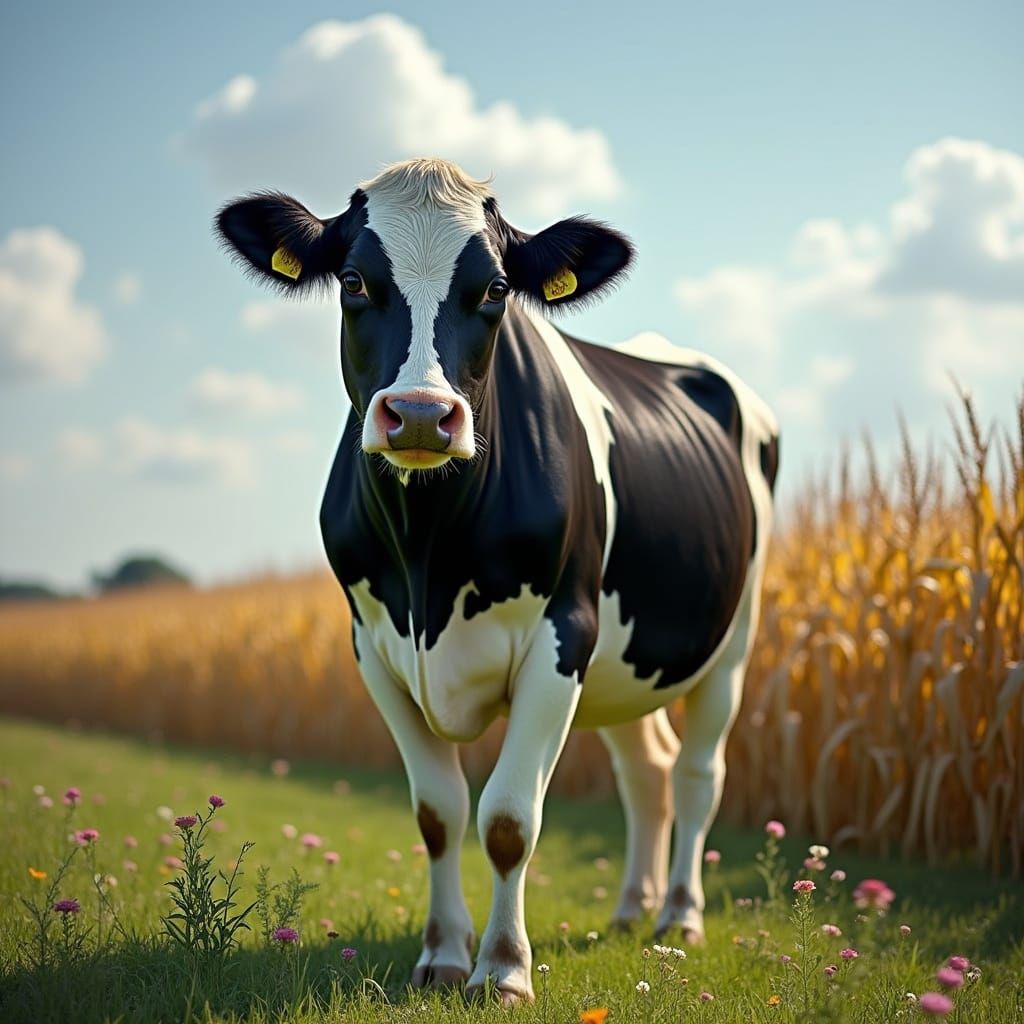 A Majestic Black and White Landscape of a Confident Cow in a...