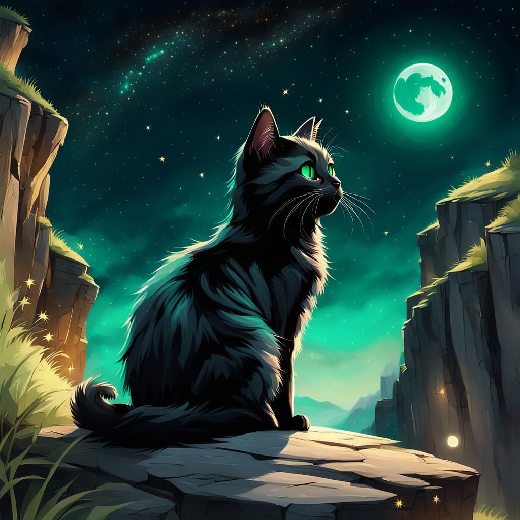 Enchanting Cat Contemplates Starry Night Sky