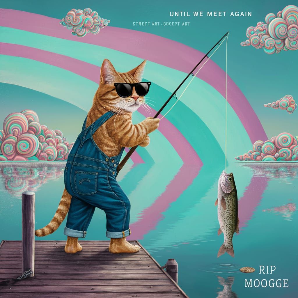 Cat Fishing Under Pastel Rainbow: Baroque Street Art