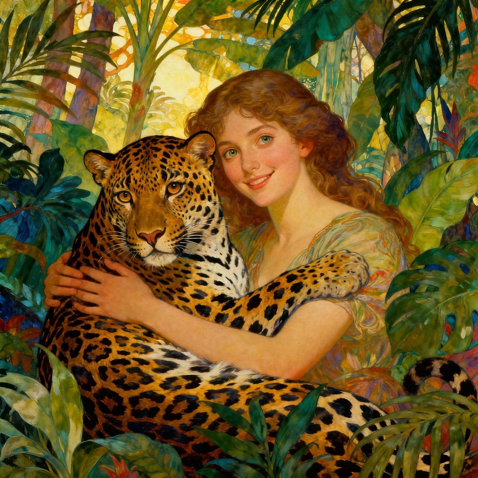Woman's Deep Connection With Jaguar in Lush Jungle