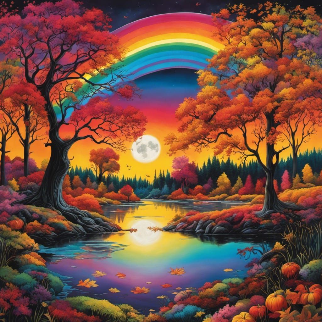 Colorful Gothic Lake at Sunset in Tim Burton Style