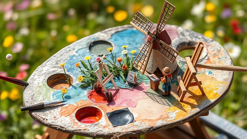 Impressionist Palette Scene with Miniature Artists