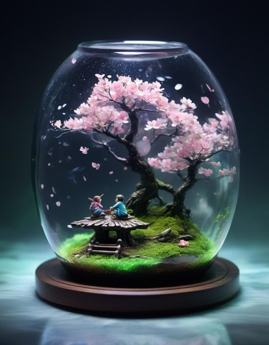 Inside a glass apple terrarium is a cherry blossom bonsai habitat diorama double exposure; inside glass, little fairies ...