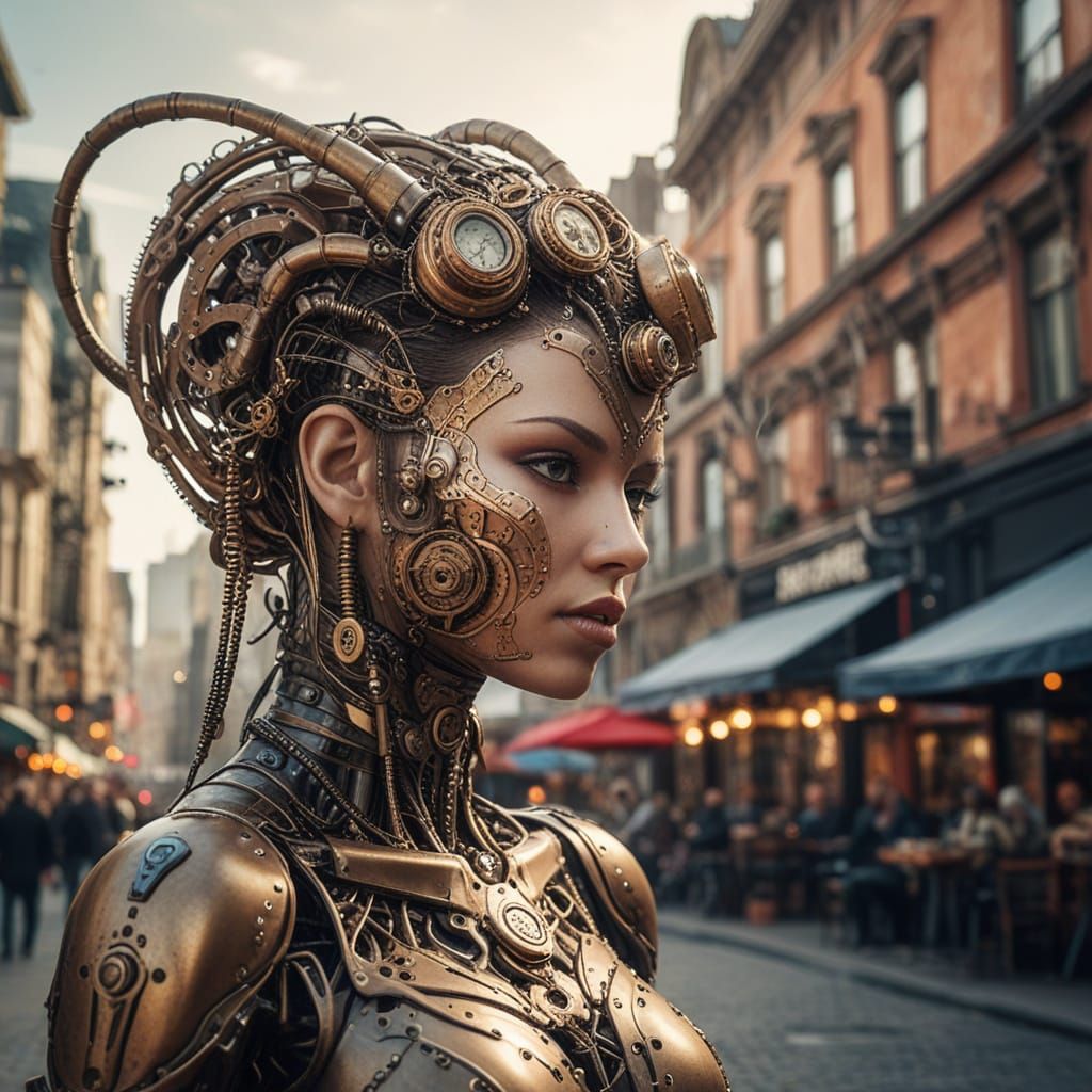 Ethereal Steampunk Goddess in Industrial Cityscape