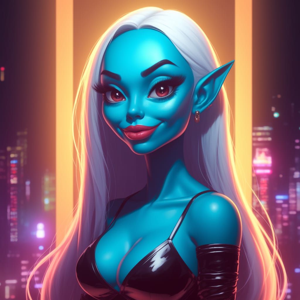 Sassy Alien Goddess in Neon Cityscape