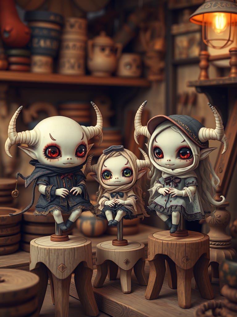 Cryptid Chibi Wooden Dolls in Whimsical Style