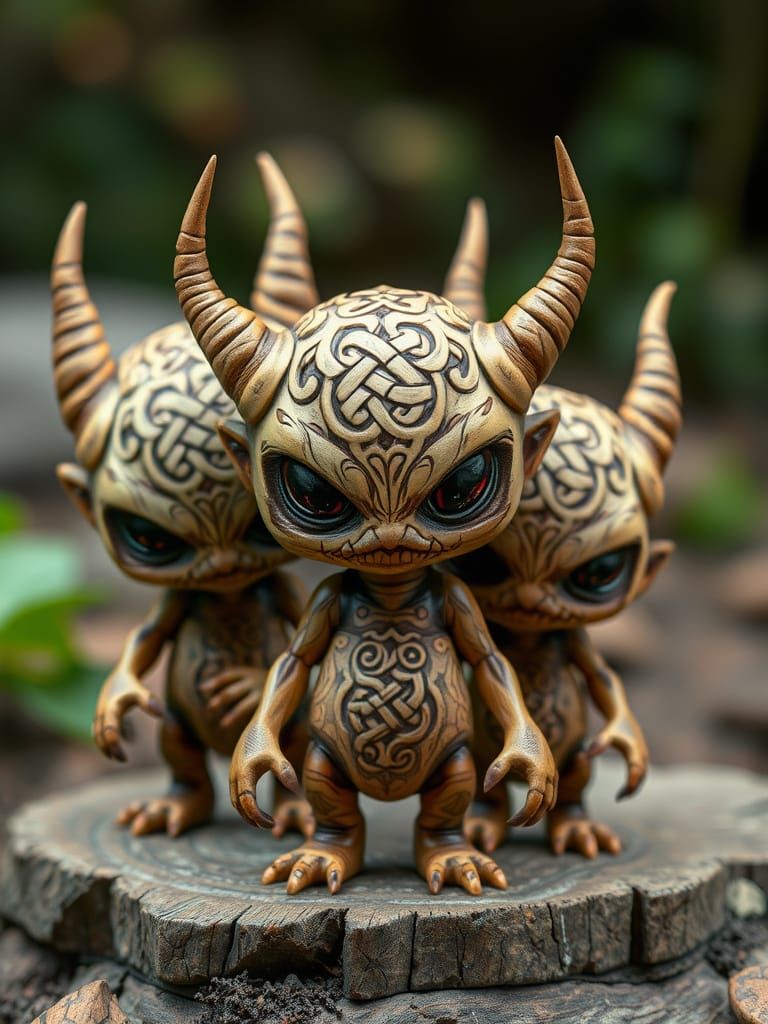 Cryptid Chibi Wooden Dolls in Whimsical Illustration Style